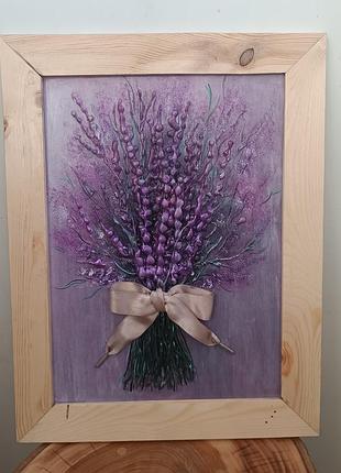 Картина "лаванда"- акрил, на оргалите 20/30, в деревяной рамке, картина объемная, ручная работа