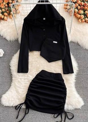 Стильний гарний зручний красивий якісний теплий класний комфортний трендовий костюм трійка спідниця та топ і кофта чорний1 фото