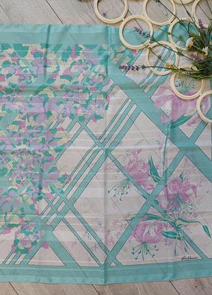 Винтажный подписок платок в бирюзовом цвете в розовый цветочный принт(76 см на 79 см)
