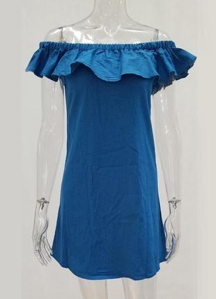 💙синє легке плаття з рюшами/літнє плаття відкриті плечі з рюшами/літнє плаття принт джинс💙9 фото