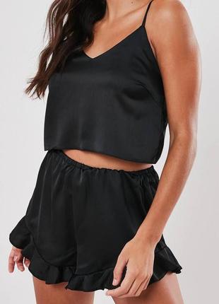 Женская пижама с шортами шелковая черная бежевая лиловая бордовая синяя летняя легкая нарядная