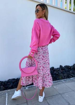 Юбка розовая с цветочным принтом на высокой посадке свободного кроя с разрезом по ноге стильная качественная2 фото