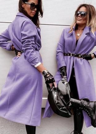 Пальто жіноче кашемірове лавандове однотонне міді на довгий рукав з кишенями з поясом стильне базове