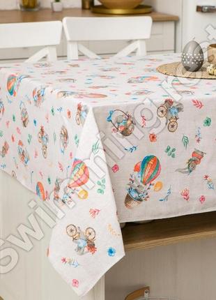 Пасхальная льняная хлопковая скатерть 110*150 см на обеденный стол "кролик"3 фото