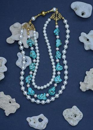 Дизайнерское ожерелье с натуральным камнями в позолоте "sea queen"👑💙🌊1 фото