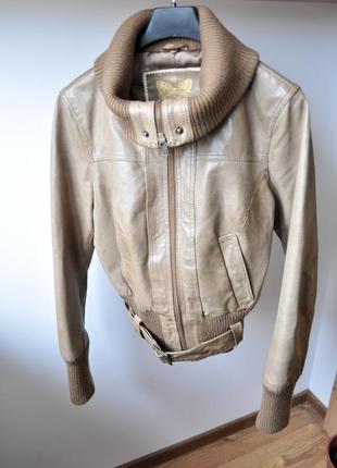 Шкіряна куртка - бомбер , натуральна шкіра пісочного кольору, беж, зйомний комір7 фото