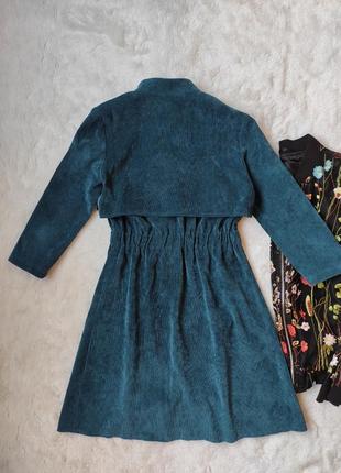 Изумрудное вельветовое платье мини короткое теплое с поясом с кнопками спереди с карманами9 фото