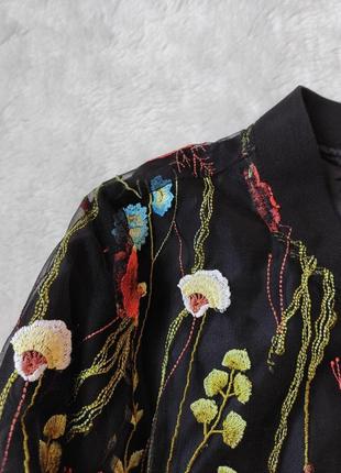 Черный цветочный бомбер летний деми короткая куртка с сеткой цветочной вышивкой с молнией ветровка7 фото