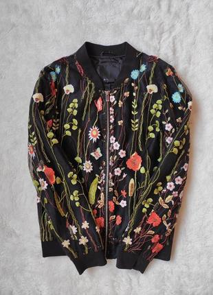 Черный цветочный бомбер летний деми короткая куртка с сеткой цветочной вышивкой с молнией ветровка3 фото