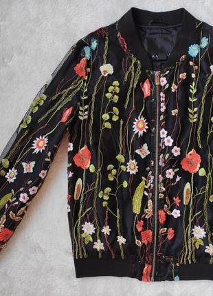 Черный цветочный бомбер летний деми короткая куртка с сеткой цветочной вышивкой с молнией ветровка6 фото