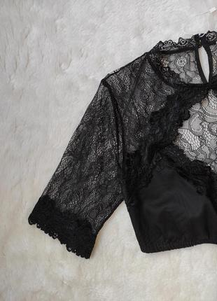 Черный ажурный кроп топ с гипюром рукавами вырезом декольте короткая блуза майка батал promod5 фото