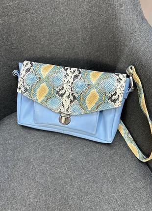 Стильные босоножки коса голубые с желтым питоном натуральная кожа замш