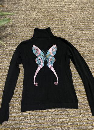 Черный базовый свитер под шею с принтом бабочка s m1 фото