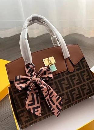 Брендова сумка з хустинкою фенді люкс еко шкіра 1:1 коричнева сумочка