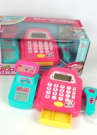 Детский кассовый аппарат розовый, игрушечный,  калькулятор, сканер, купюры, монеты fun shopping3 фото