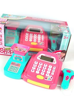 Детский кассовый аппарат розовый, игрушечный,  калькулятор, сканер, купюры, монеты fun shopping2 фото