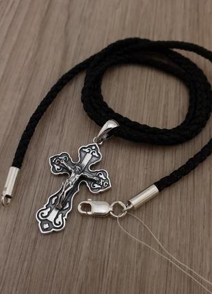 Шелковая цепочка с крестиком серебро. серебряный кулон крест и шелковый шнурок с серебряным замком.