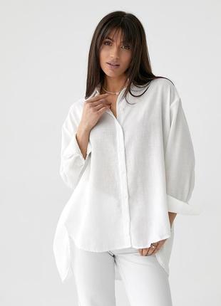 Женская молочная рубашка оверсайз с разрезами по бокам и удлиненной спиной