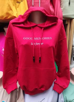 Стильний худі - кенгуру з капюшоном в яскравому червоному кольорі - 1 шт