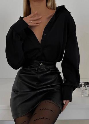 Костюм женский черный однотонная рубашка на длинный рукав на пуговицах юбка экокожа короткая на высокой посадке качественный стильный
