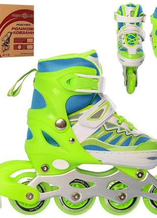 Ролики раздвижные, шнуровка/бакля, колеса пу 64мм, 1 светится, зеленые, a4122-s-gr