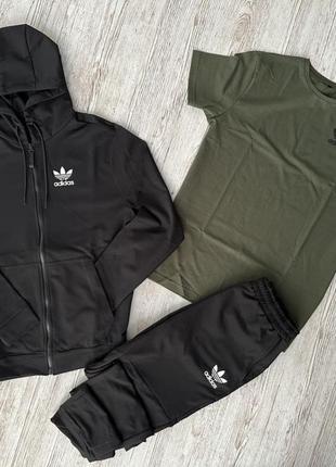 Комплект 3 в 1 демисезонный спортивный костюм adidas черная кофта на молнии + черные брюки (двонитка) + футболка хаки adidas1 фото