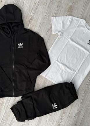 Комплект 3 в 1 демисезонный спортивный костюм adidas черная кофта на молнии + черные брюки (двонитка) + футболка белая adidas