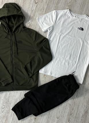 Комплект 3 в 1 демісезонний спортивний костюм tnf кофта на змійці хакі + чорні штани (двонитка) + футболка біла tnf