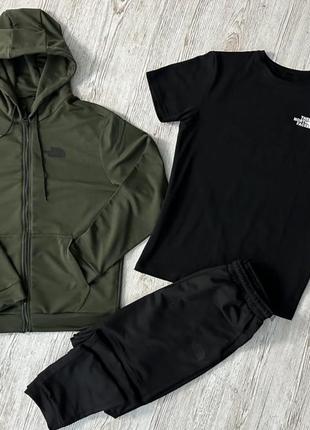 Комплект 3 в 1 демісезонний спортивний костюм tnf кофта на змійці хакі + чорні штани (двонитка) + футболка чорна tnf