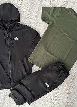 Комплект 3 в 1 демисезонный спортивный костюм tnf черная кофта на молнии + черные брюки (двонитка) + футболка хаки tnf