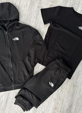 Комплект 3 в 1 демисезонный спортивный костюм tnf черная кофта на молнии + черные брюки (двонитка) + футболка черная tnf