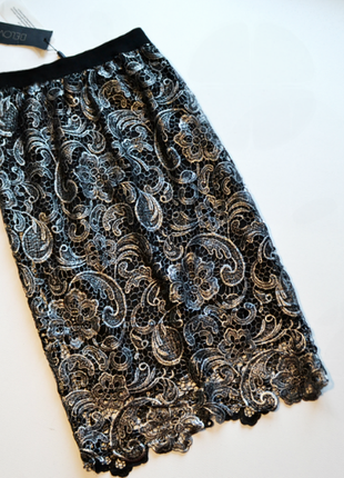 Шикарная кружевная миди юбка черный металлик2 фото