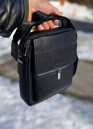 Мужская вместительная сумка через плечо барсетка черного цвета кожаная pu кожа5 фото