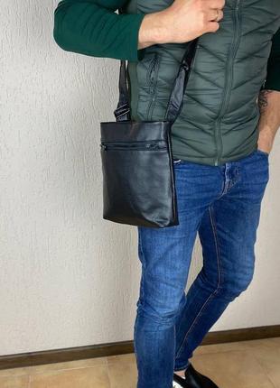 Мужская сумка через плечо, барсетка с экокожи черного цвета на много отделений вместительный мессенджер3 фото