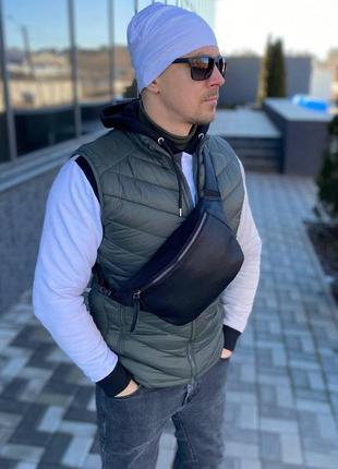 Чоловіча нагрудна поясна сумка бананка, чорний чоловічий слінг сумка на груди pu-шкіра містка4 фото