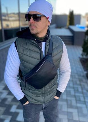 Чоловіча нагрудна поясна сумка бананка, чорний чоловічий слінг сумка на груди pu-шкіра містка2 фото