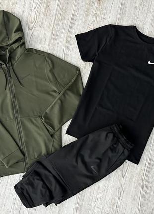 Комплект 3 в 1 демисезонный спортивный костюм nike кофта на молнии хаки + черные брюки (двонитка) + футболка черная nike1 фото