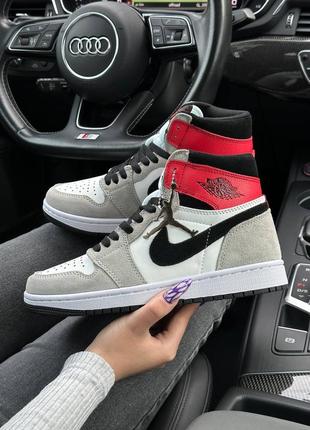 Жіночі  сірі з червоним шкіряні кросівки nike air jordan 1 high 🆕 найк джордан