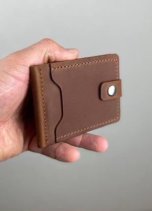 Мужской коричневый зажим держатель для купюр 100% натуральная кожа  зажим для денег на кнопке