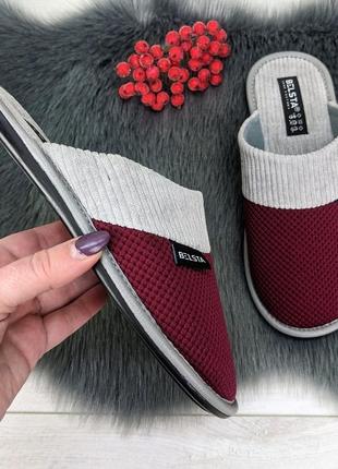 Женские комнатные тапочки белста с закрытым носком вельветовые бордовые 2633