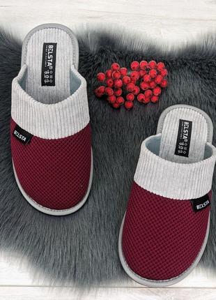 Женские комнатные тапочки белста с закрытым носком вельветовые бордовые 2633