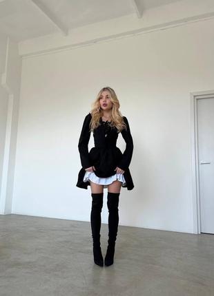 Платье в стиле вэнсдэй короткое мини с двойной пышной юбкой раскрашенное чёрное вечернее на выход праздничное маленькое колокольчик юбка в складку
