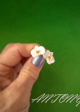 Сережки квіти орхідеї, сережки біла орхідея, сережки орхідеї ручної роботи1 фото