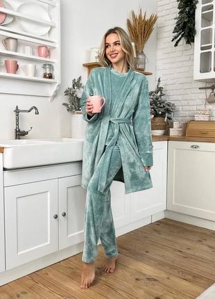 Пижама тройка теплая велюровая розовая бирюзовая серая фиолетовая домашний костюм комплект для дома3 фото