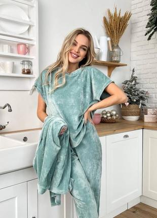 Пижама тройка теплая велюровая розовая бирюзовая серая фиолетовая домашний костюм комплект для дома5 фото