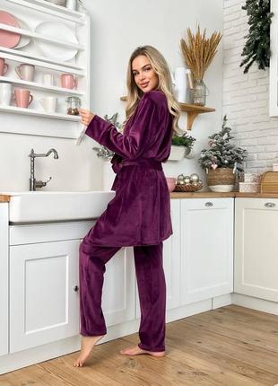 Пижама тройка теплая велюровая розовая бирюзовая серая фиолетовая домашний костюм комплект для дома