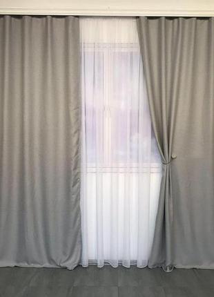 Готовый комплект штор из мешковины 150х270 см с тюлем 400х270 см на тесьме. цвет серый2 фото