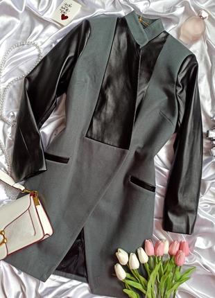 Кашемировое пальто со вставками из эко кожи серое с черным.3 фото