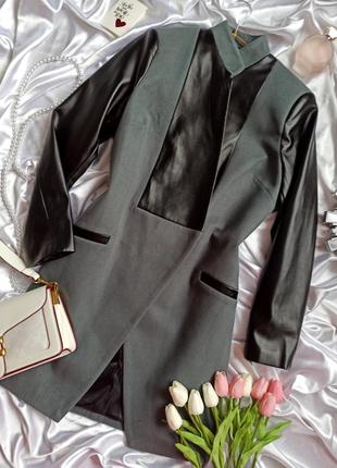 Кашемировое пальто со вставками из эко кожи серое с черным.5 фото