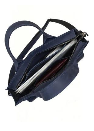Жіноча шкіряна офісна сумка для документів а4 велика з натуральної шкіри на плече з ручками синя3 фото